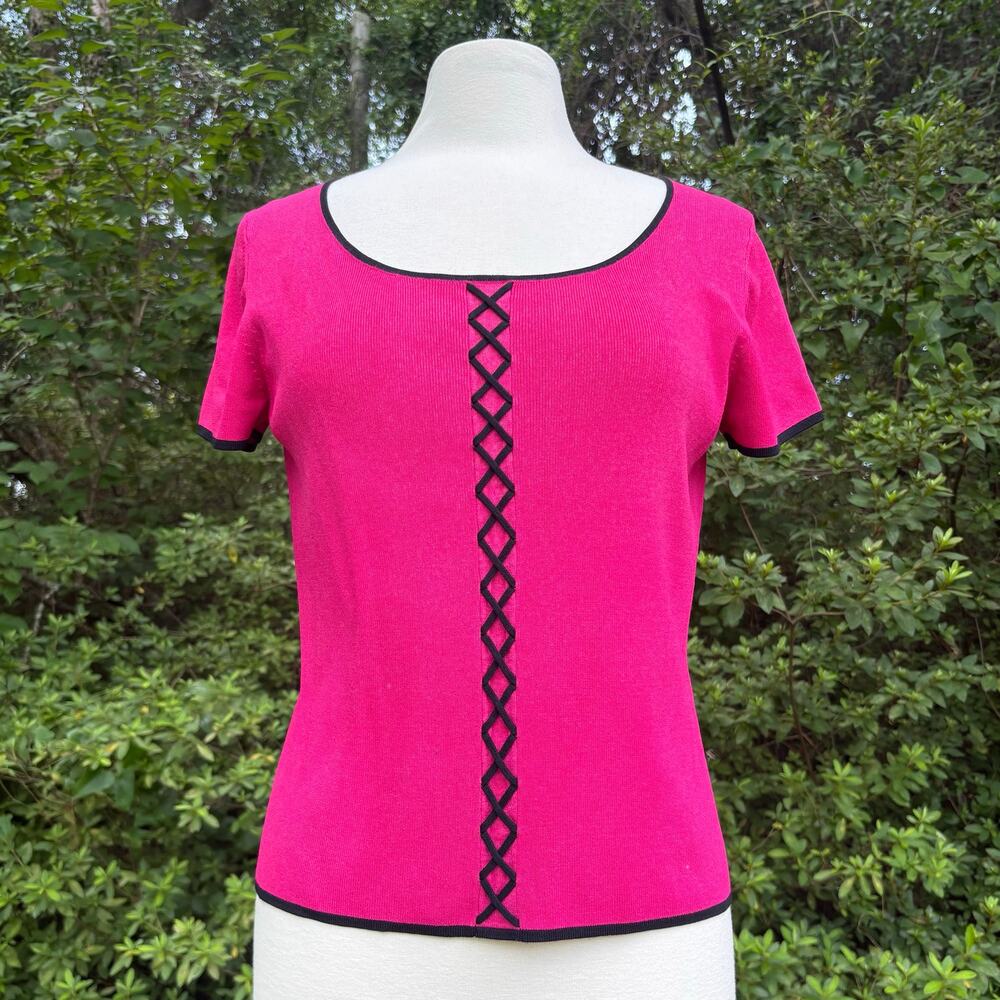 Vintage Hot Pink and Black Corset  Style Short Sleeve Ribbed Knit Top (M)